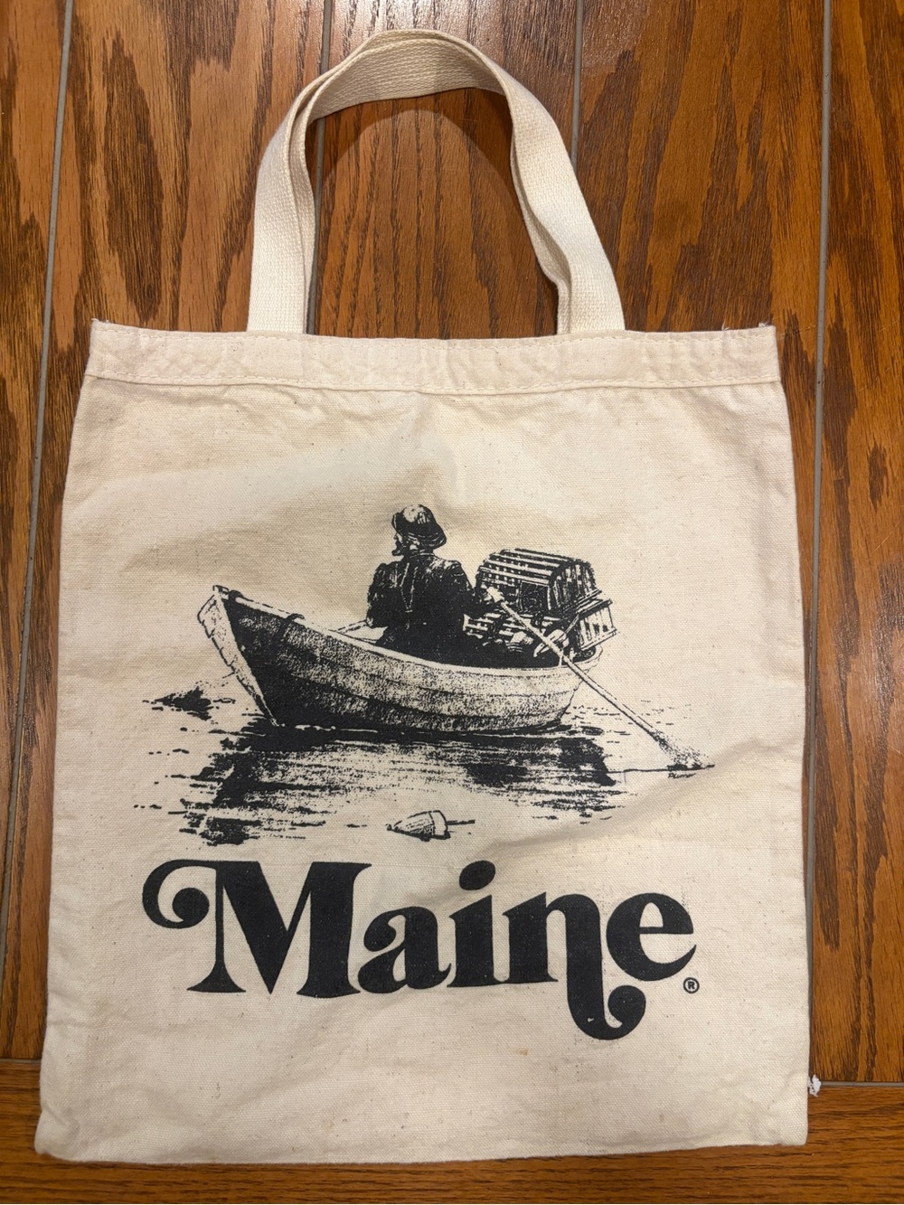 Old School Cream Canvas Tote with Black Maine Rowboat Graphic